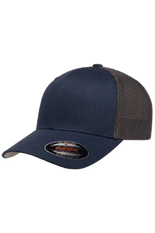 mens hats with pull cord-Flexfit Mens Stretch Fit Trucker Hat - Navy Blue/Graphite Grey