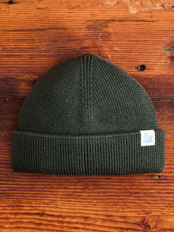 Wool Hats with purl weaves-Merino Wool Ribbed Beanie in Army