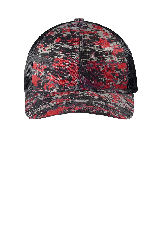 mens hats with wide brim-Port Authority Mens Digi Camo Snapback Trucker Hat - Flame Red Digital Camo/Steel Grey