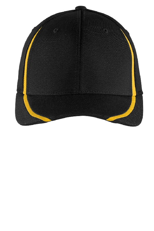 mens hats for sea urchin fishing-Sport-Tek Mens Moisture Wicking Stretch Fit Hat - Black/Gold