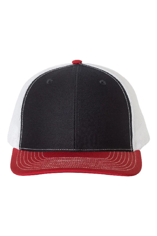 mens hats in beige-Richardson Mens Snapback Trucker Hat - Navy Blue/White/Red