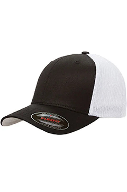 mens hats for jellyfish watching-Flexfit Mens Stretch Fit Trucker Hat - Black/White