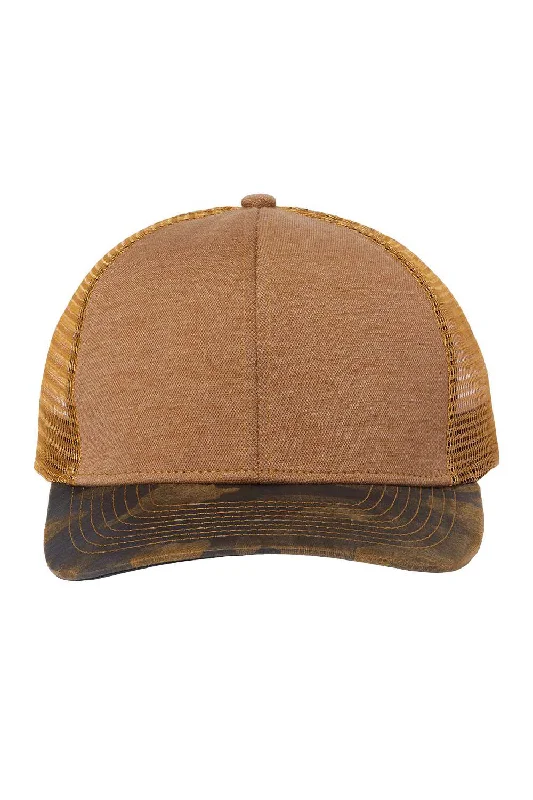 mens hats for fly fishing-Dri Duck Mens Pique Moisture Wicking Snapback Trucker Hat - Saddle Brown/Camo